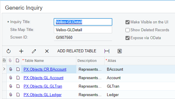 Acumatica Generic Inquiry screen with Velixo-GLDetail inquiry imported