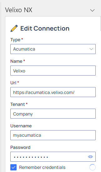 Velixo NX authentication panel prompting for credentials on first connection to the Acumatica instance