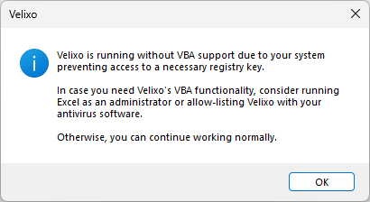 Velixo warning dialog stating it is running without VBA support due to a blocked registry key