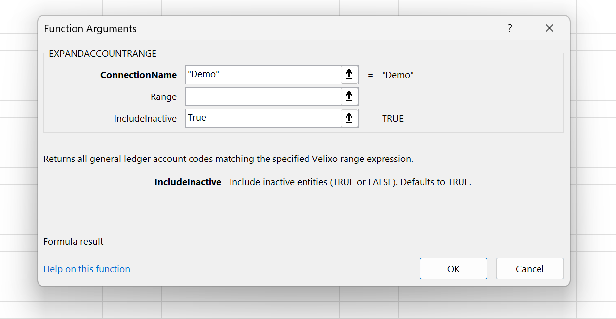 Excel function wizard showing a new Velixo NX function with field names correctly populated