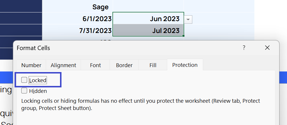 Excel Protection tab showing the Locked checkbox unchecked for the period selection cells