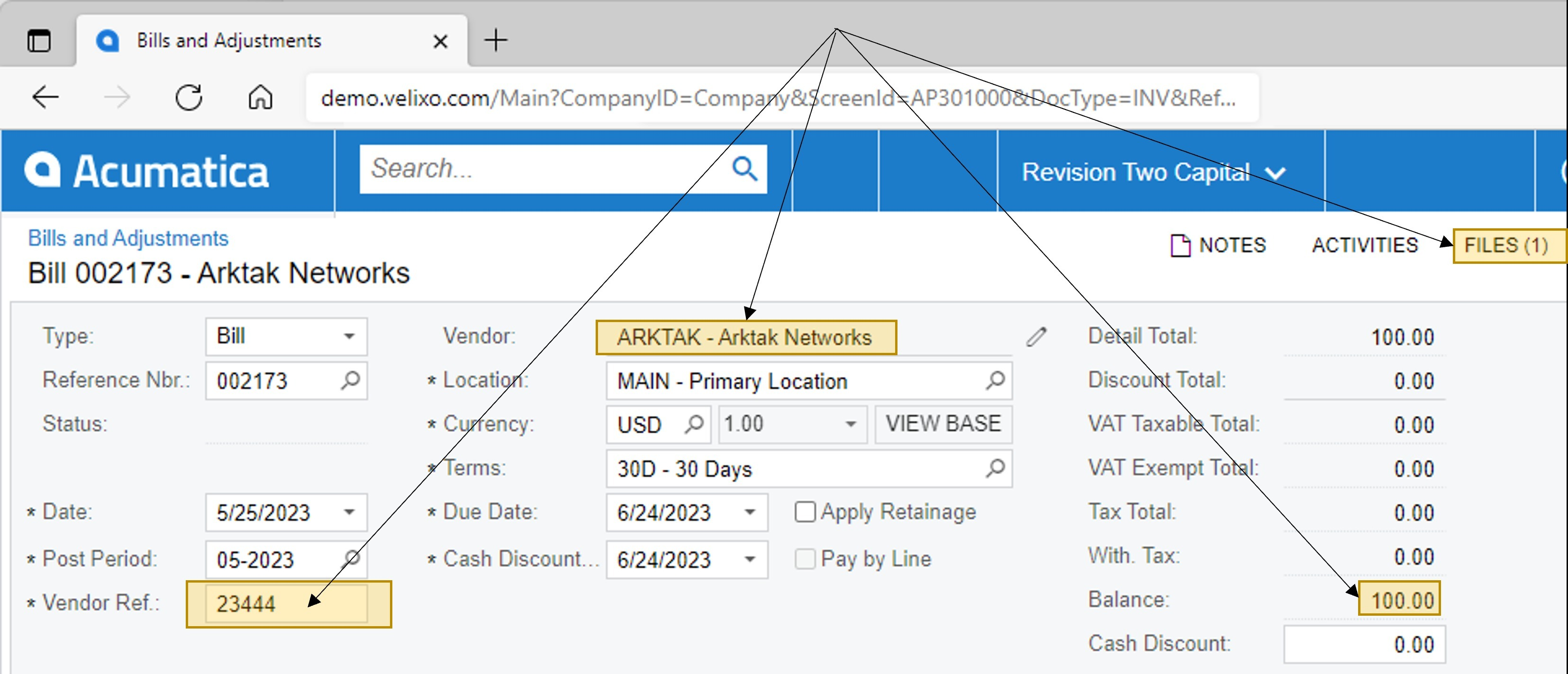 The Bills and Adjustments page in Acumatica showing the new bill created via writeback, with all entered data and attached file