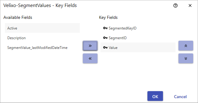 GI Key Fields dialog with SegmentedKeyID, SegmentID, and Value moved to the selected fields list