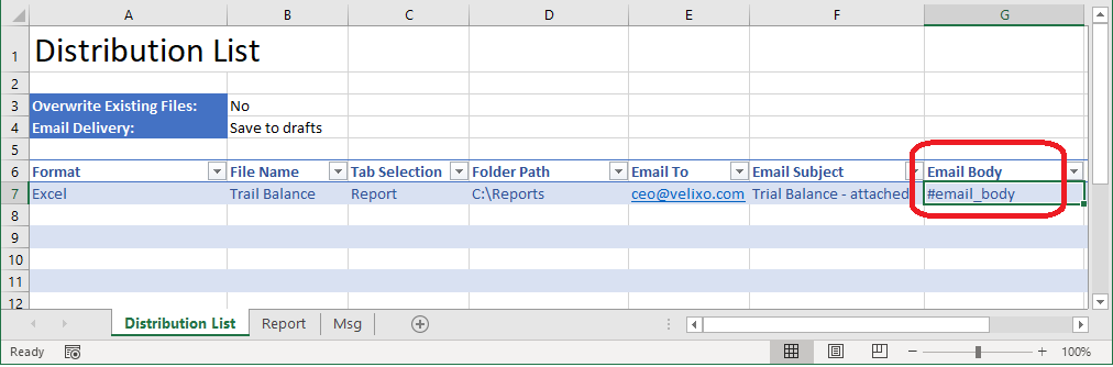 Distribution List with a hash symbol and cell reference entered in the Email Body column