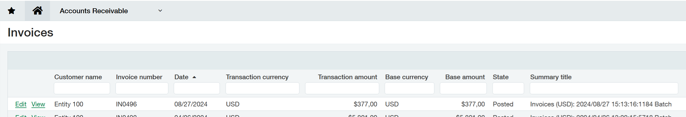 Sage Intacct Accounts Receivable Invoices list showing the newly created invoice