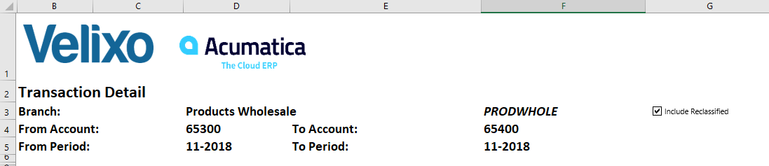 Excel worksheet with Branch, Period, and Account range argument cells in the upper-left corner