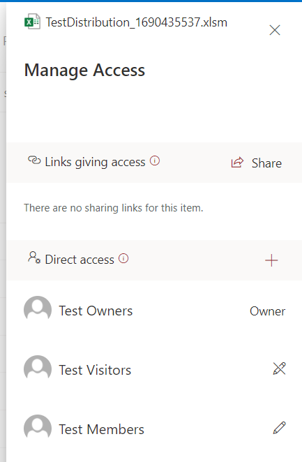 SharePoint Manage Access panel showing permission options for the selected file or folder