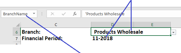 Excel worksheet showing Branch and Financial Period parameter cells before naming them