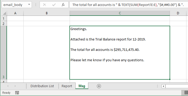 Excel worksheet showing multi-line email body text in a cell with line breaks added using Alt-Enter