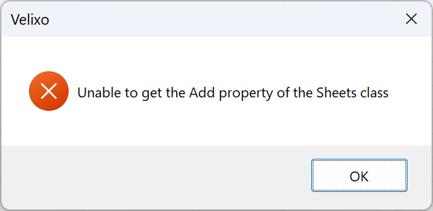 Velixo error dialog stating Excel cannot add new sheets because the workbook structure is protected