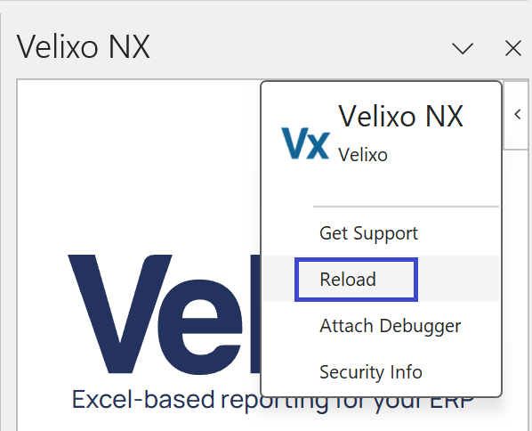Velixo NX side panel on Windows showing the arrow menu with the Reload option highlighted