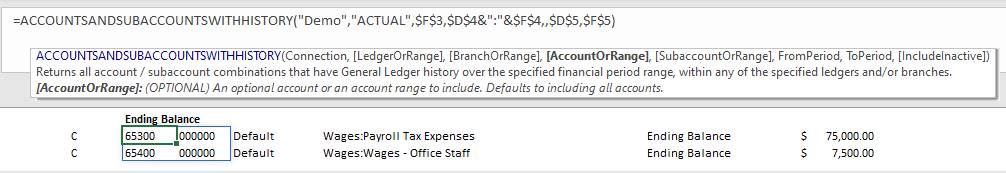 ACCOUNTSANDSUBACCOUNTSWITHHISTORY function returning account and subaccount pairs with history in the period
