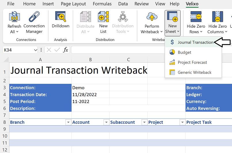 A Velixo journal transaction worksheet template with columns for Connection, Branch, Ledger, Transaction Date, Description, and Reference Nbr
