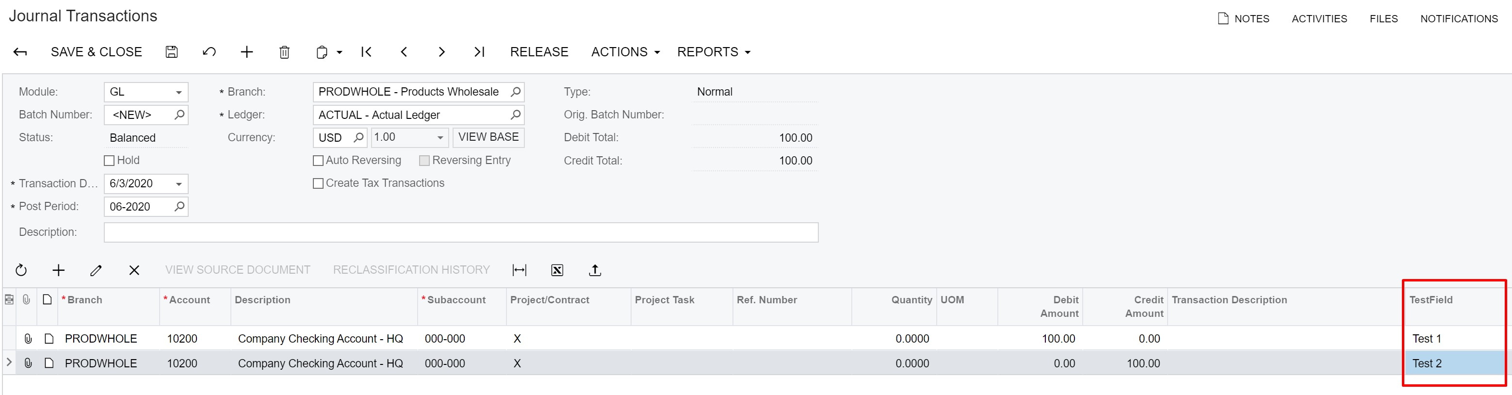 Acumatica Journal Transactions screen with custom transaction fields highlighted