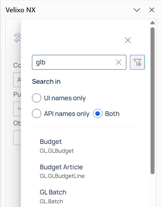 Query Builder object search results panel with filtered list