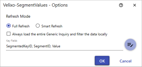 Velixo-SegmentValues Options dialog showing the configured key fields ready to save