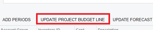 Acumatica project budget revision action buttons, showing the option to apply a selected revision as the project budget