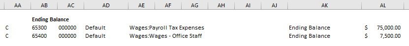 Excel formula row building ending balance columns with SUBACCOUNTNAME, ACCOUNTNAME, and ACCOUNTENDINGBALANCE functions
