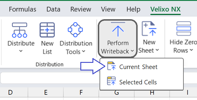Perform Writeback button on the Velixo NX ribbon