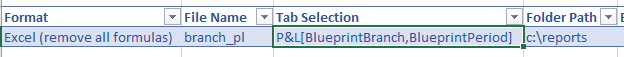 Tab Selection column with the worksheet name followed by parameter names in square brackets