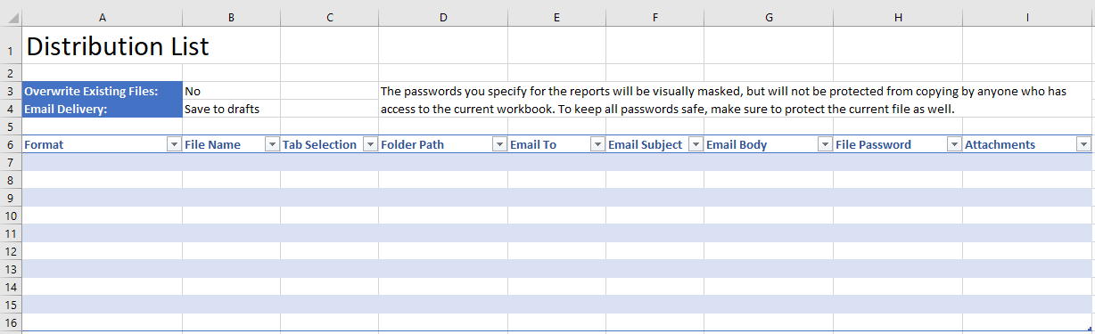 New Distribution List worksheet with all standard column headers and 10 blank rows