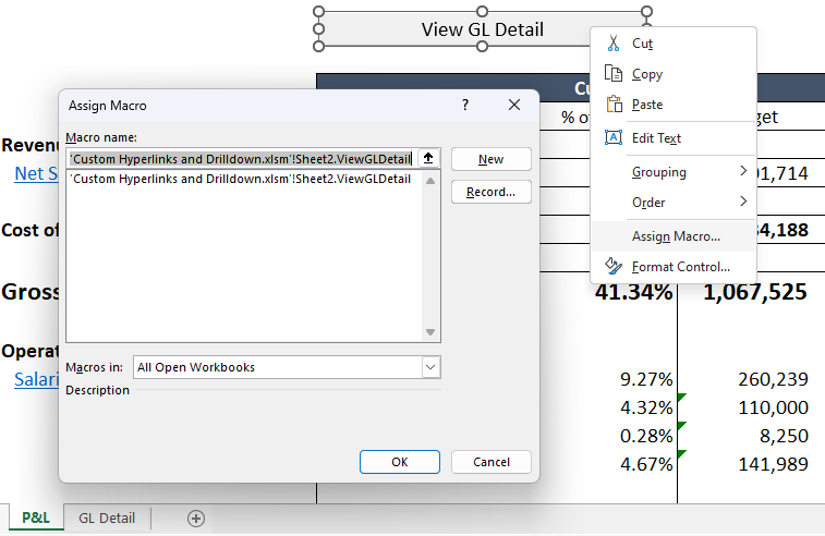 Assign Macro dialog with the GL detail drilldown macro selected