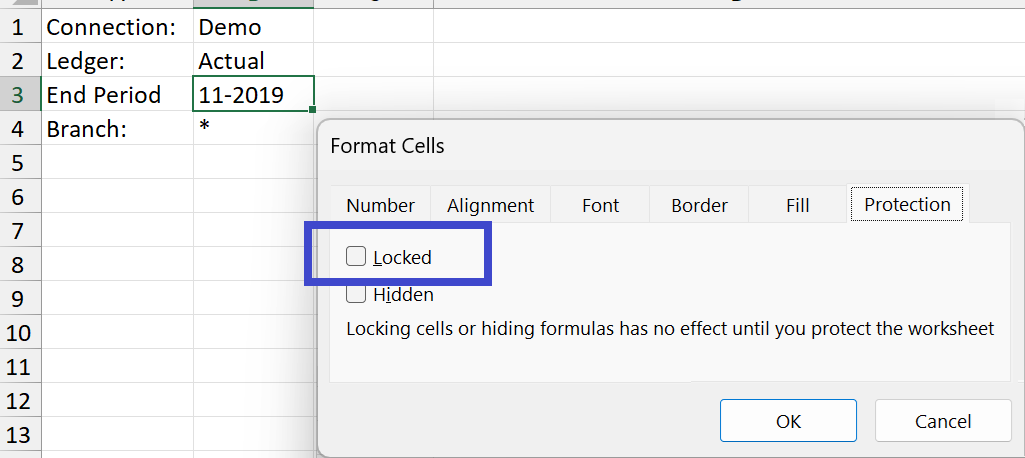 Excel Format Cells dialog on the Protection tab with the Locked checkbox unchecked