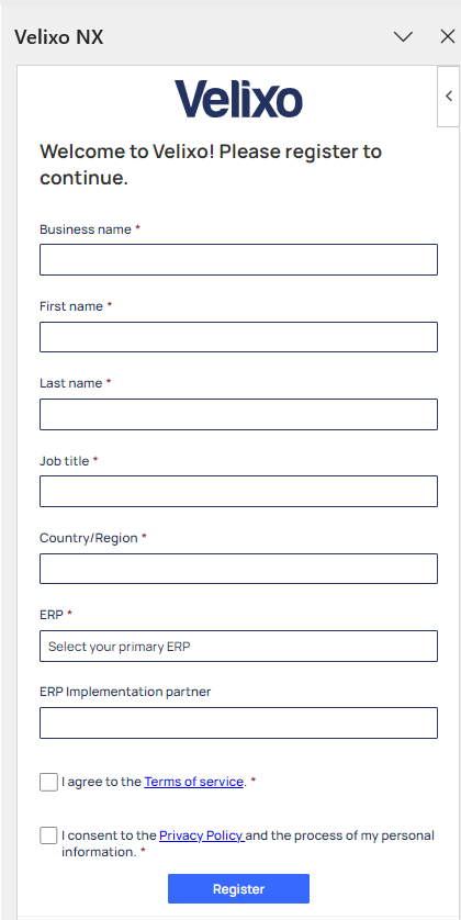 Velixo NX side panel showing the free trial registration form with fields for company details