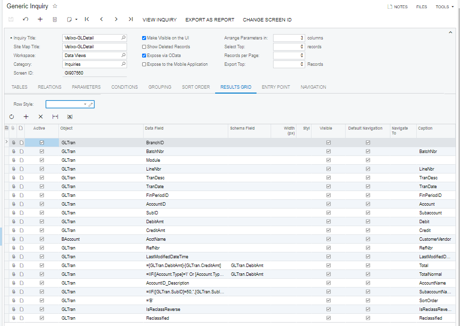 Velixo-GLDetail inquiry Results Grid tab showing account, period, debit, credit, and batch columns