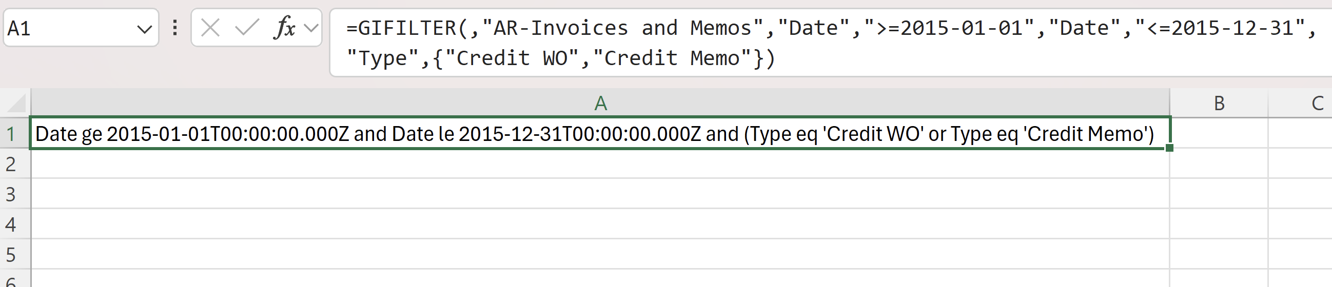 Excel worksheet showing the GIFILTER date-range and document-type formula and the resulting OData filter expression