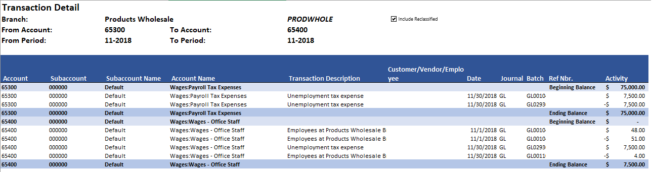 Planned report layout showing beginning balance, transactions, and ending balance sections for each account