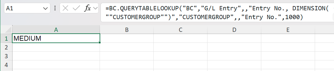 Excel cell and formula bar showing BC.QUERYTABLELOOKUP returning MEDIUM for GL entry 1000