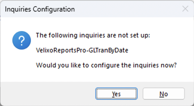 Velixo connection dialog showing the inquiries configuration prompt asking whether to configure missing inquiries now, with Yes and No buttons