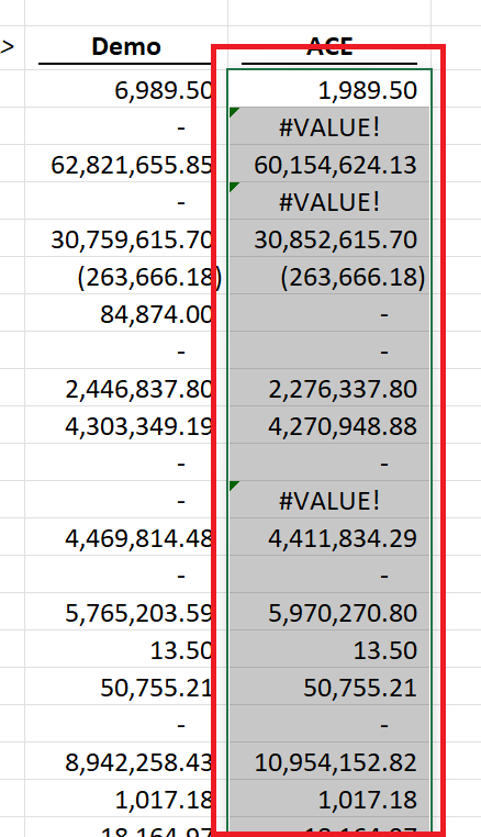 Excel worksheet with a cell range selected to be excluded from Velixo NX Formulas to Review notifications
