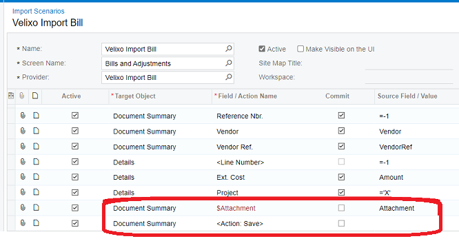An Acumatica Import Scenario configured with an attachment field to support file uploads during writeback