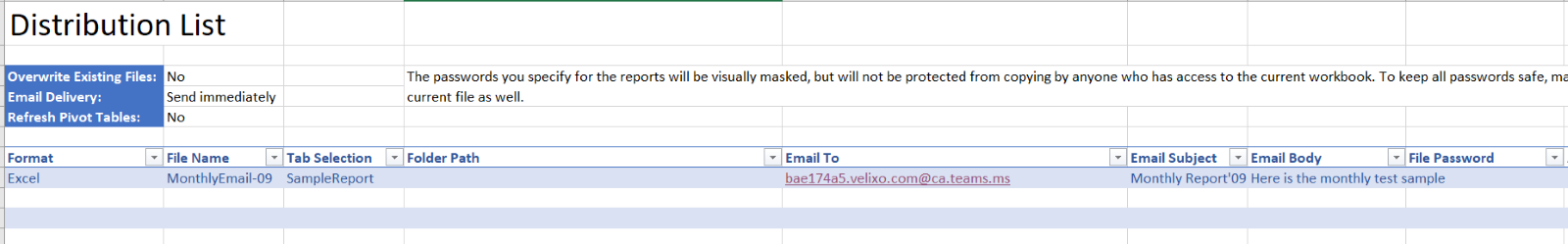 Distribution List with Email To column set to the Teams channel email address