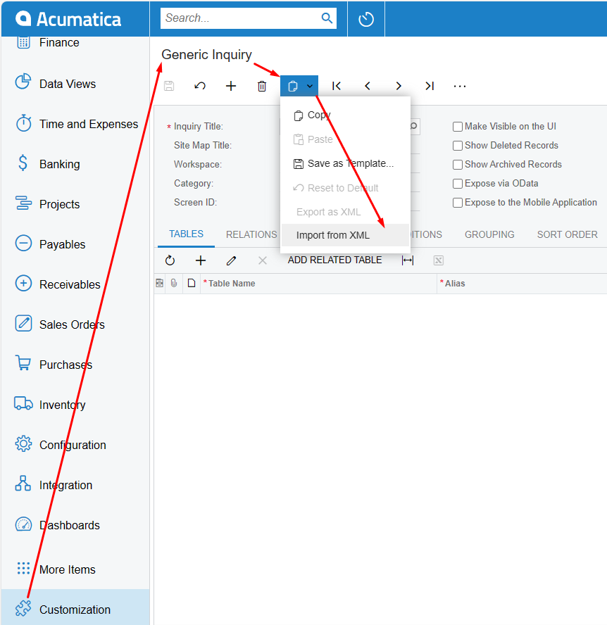 Acumatica Generic Inquiries screen with the Import button highlighted, showing how to import an inquiry from an XML file