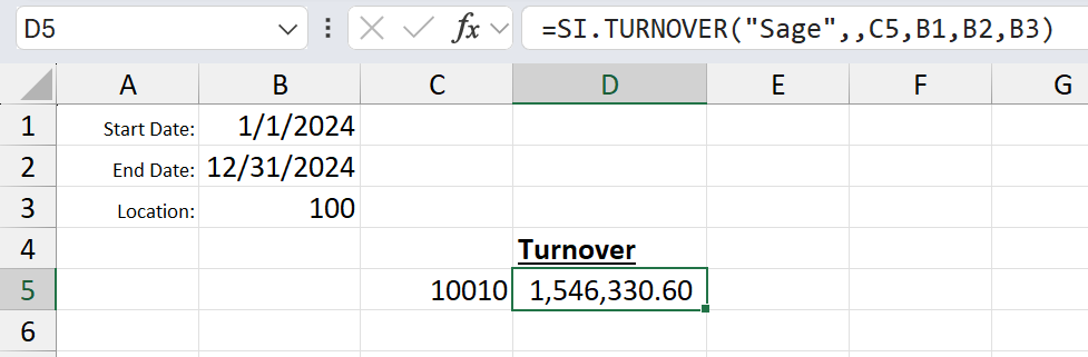 Excel worksheet with date values in cells B1 and B2 referenced in a Velixo SI.TURNOVER formula