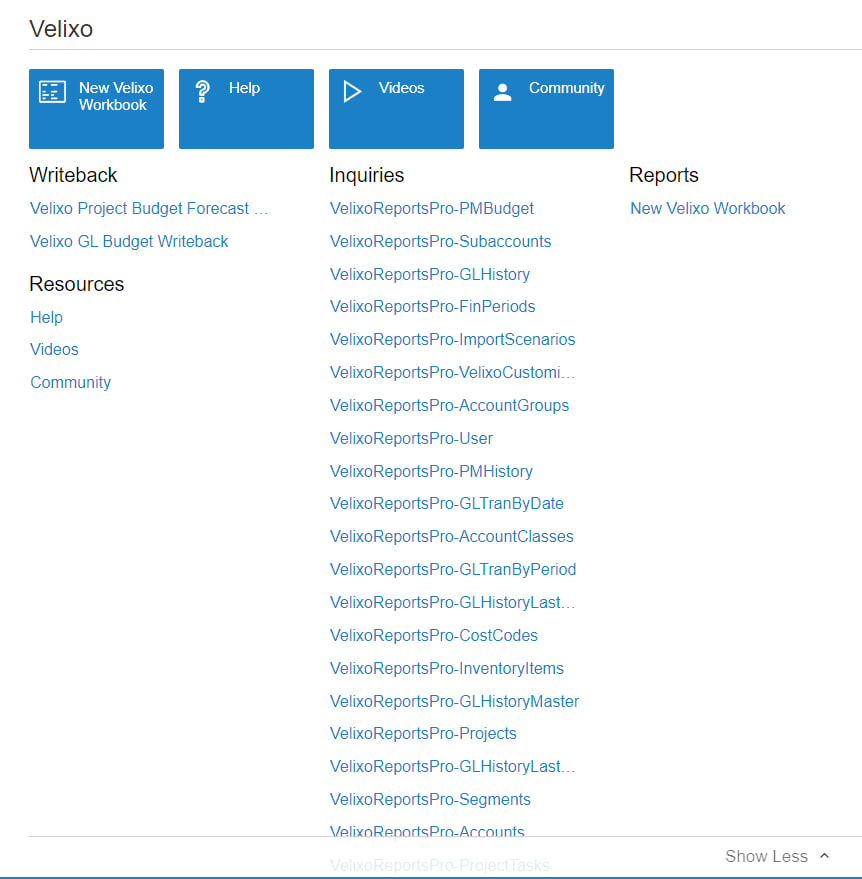 Velixo workspace in Acumatica showing the available inquiries and graphs grouped in the workspace