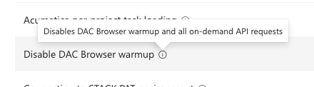 Velixo Portal Features list showing the Disable DAC Browser warmup row with its info-icon tooltip expanded, reading 'Disables DAC Browser warmup and all on-demand API requests'