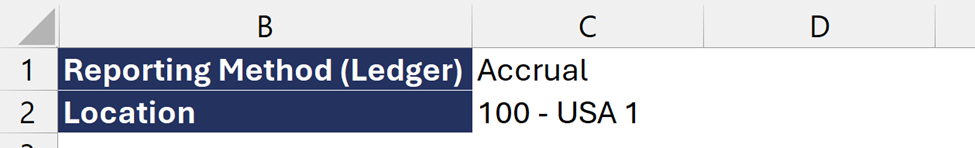 Excel worksheet with connection name, date, department, and location parameter cells matching the Sage Intacct report filters