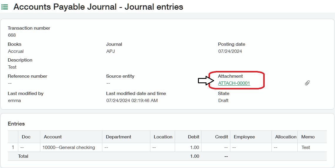 Sage Intacct AP Bill screen opened from the URL returned by SI.GETATTACHMENTS, with the attachment visible