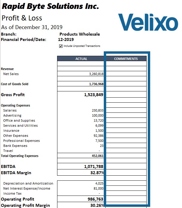 P&L report in Excel showing an additional Commitments column alongside the actuals