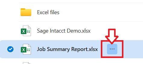 SharePoint document library with a workbook selected and the three-dot menu open