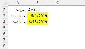 Excel cells showing From and To date parameters set to specific dates for an MTD report