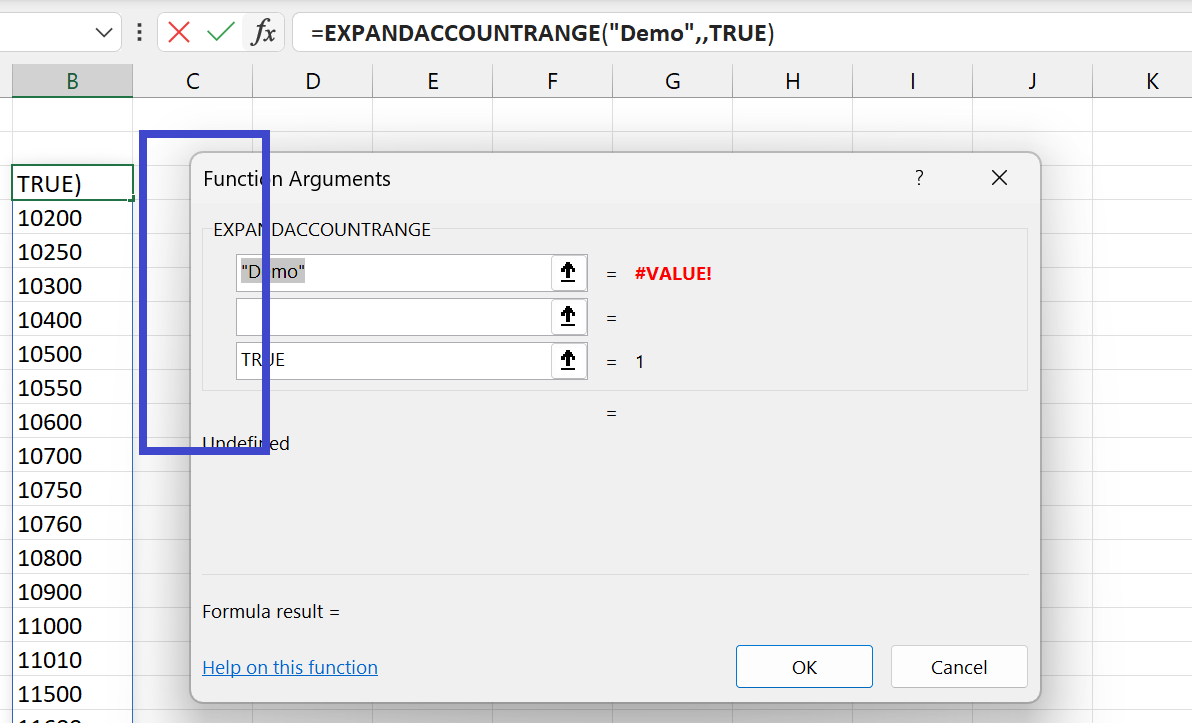 Excel function wizard showing a Velixo NX function with empty field name arguments
