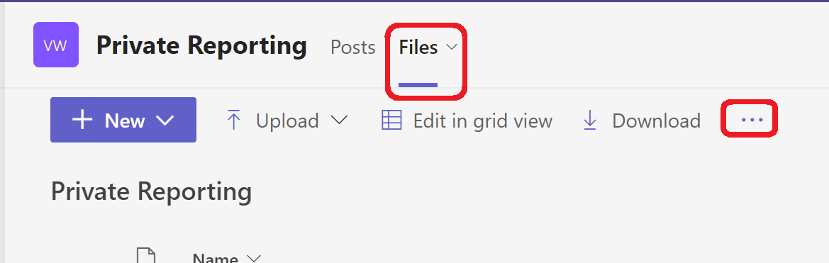 Teams Files section with the three-dot menu open at the top of the file list