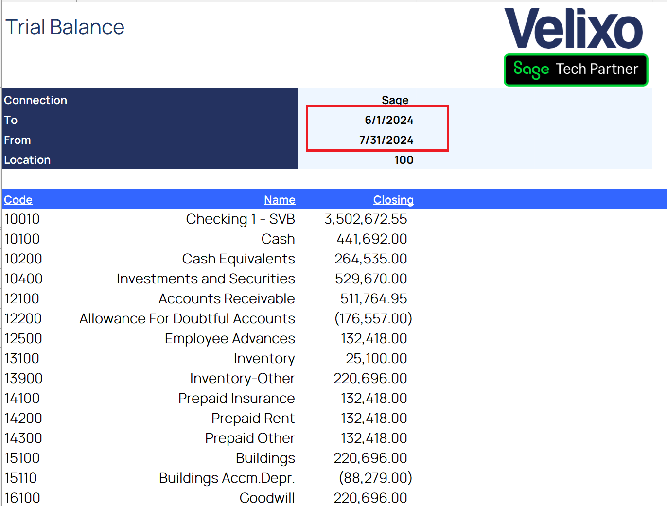 Sage Intacct report with Start Date and End Date parameter cells and data filtered by date range