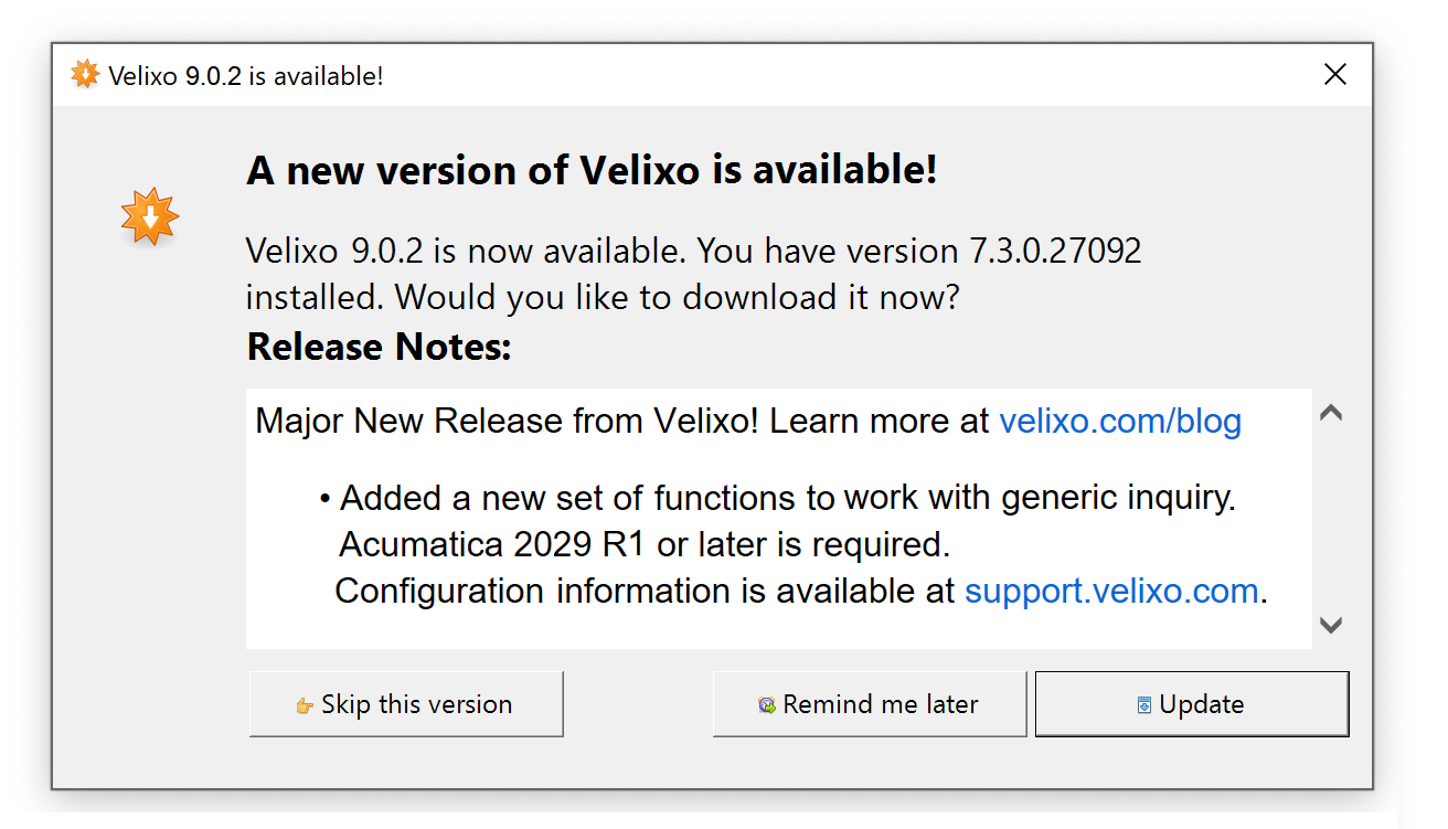 Velixo Classic update dialog showing that a newer version is available with the current version number