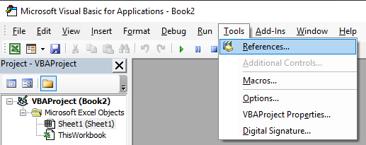 VBA editor Tools menu with the References option highlighted